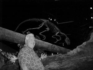 George E. Wilson shows the Tanycolagreus topwilsoni, a newly discovered dinosaur on display at the North American Museum of Ancient Life. (Lewis Church / Courtesy photo)
